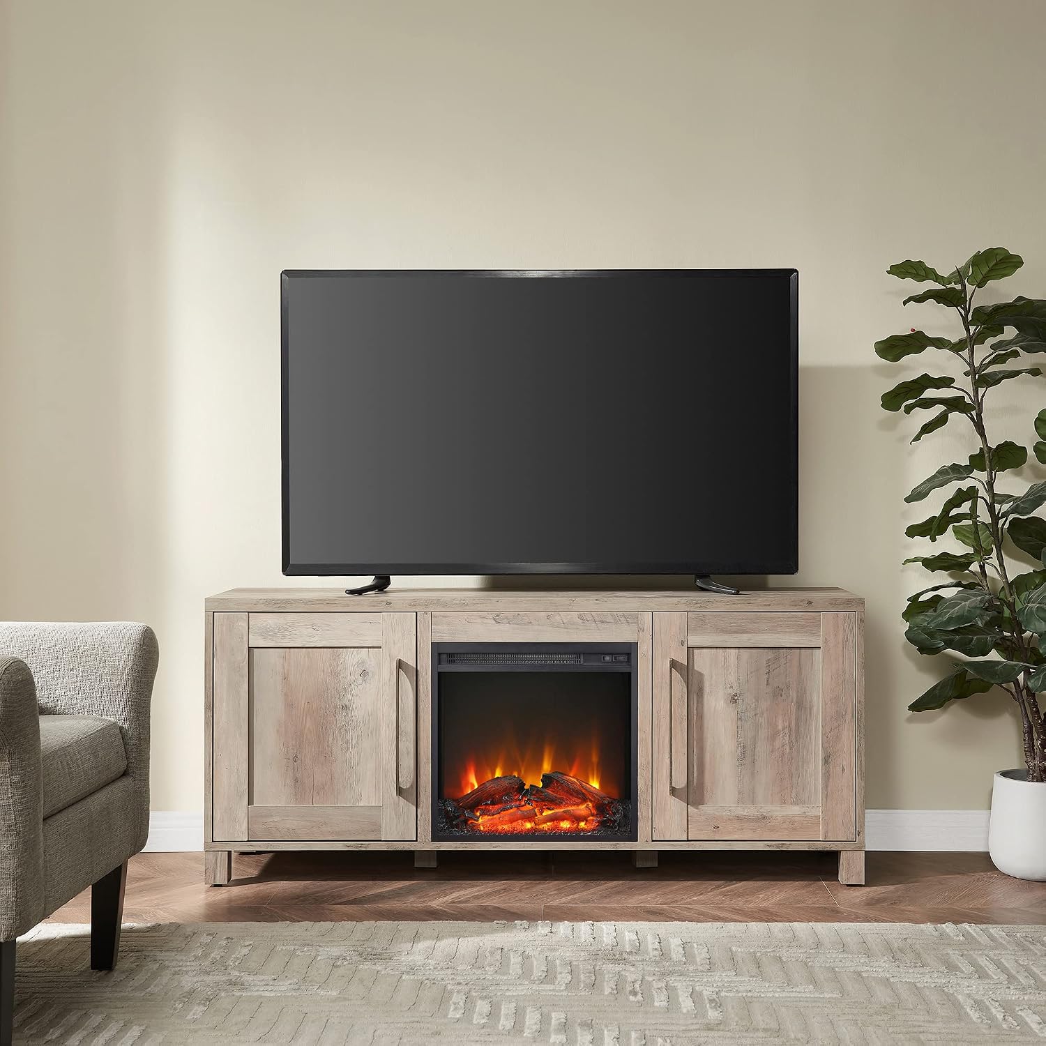 Chabot Rectangular TV Stand with Log Fireplace for TV's up to 65' in Gray Oak