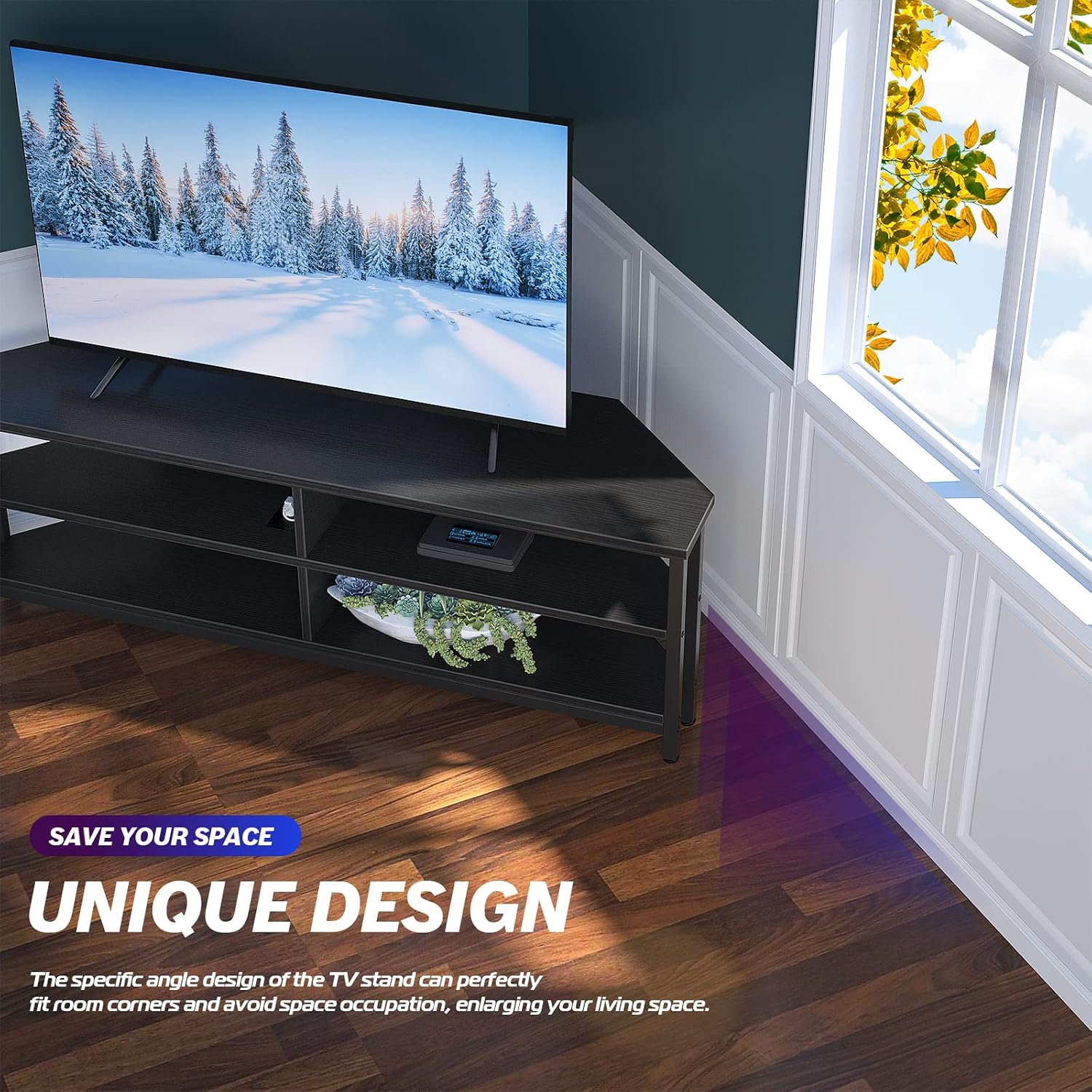 Unikito Corner TV Stand With Power Outlet, Corner Entertainment Center Corner TV Table With 4 Open Storage Corner TV Cabinet Wood TV Stand For Living Room,Bedroom Corner TV Stand For 55 inch TV, Black