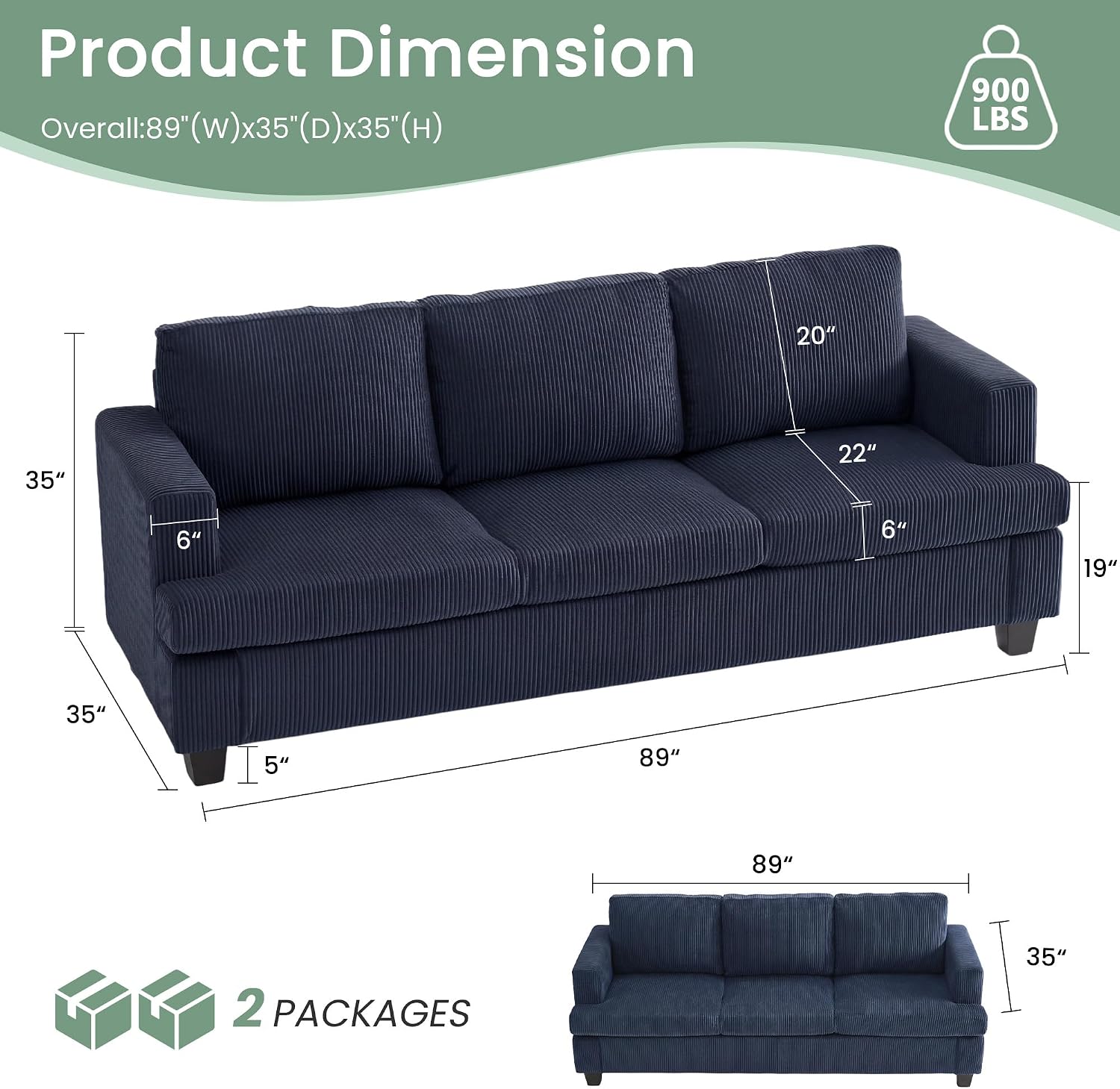 YOUDENOVA 2 Piece Set Comfy Sofa Couch, 3 Seater & Loveseat Sofa with Deep Seats, Modern Sleeper Couch for Living Room, Blue Corduroy
