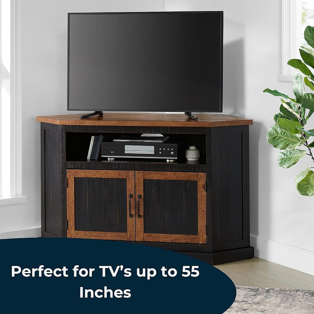 Martin Svensson Home Rustic Solid Wood Corner TV Stand - Black with Honey Top and Doors - Hexagonal Shape and Farmhouse Design Entertainment Center with Shelves Included