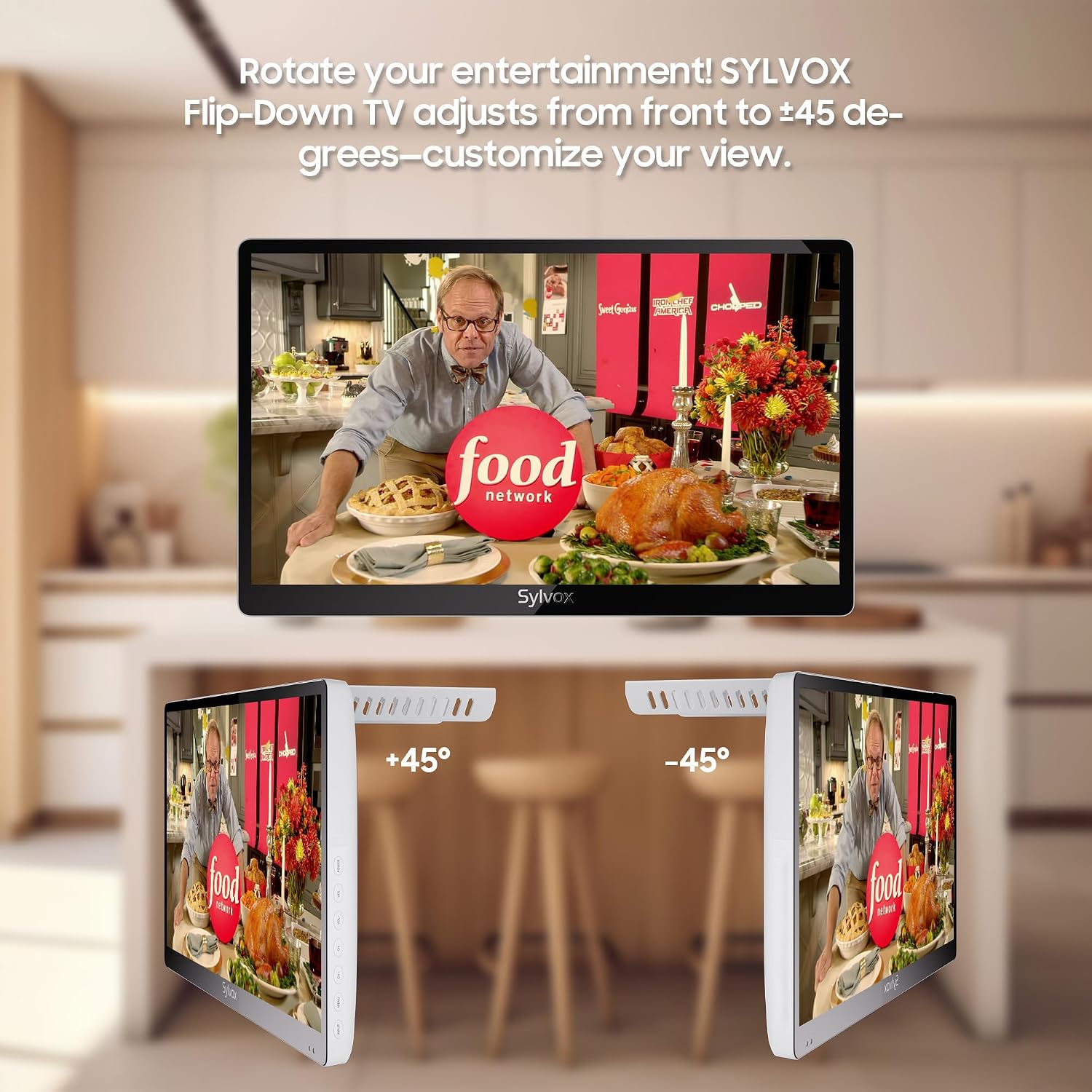 SYLVOX 15.6' Flip-Down TV for Under Cabinet, 12-Volt Small TV with 90-Degree Rotation, Digital Noise Reduction, and Storage Design for Kitchen, Bedroom, RV, and Yacht