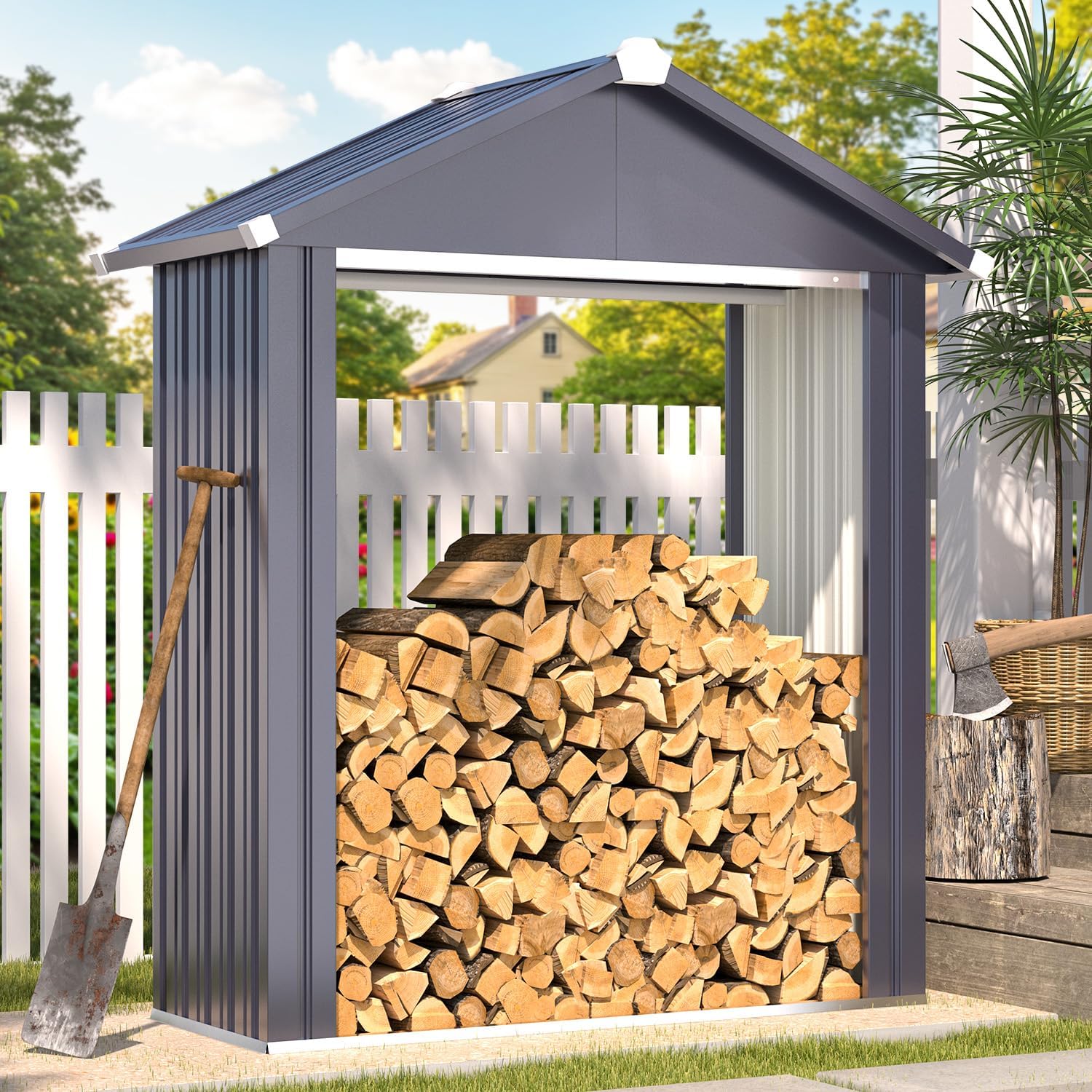 AECOJOY 5x2 Outdoor Firewood Storage Shed, Firewood Rack Outdoor Sheds & Outdoor Storage Clearance, Metal Tool Sheds Cabinet Waterproof for Backyard, Garden, Patio in Grey