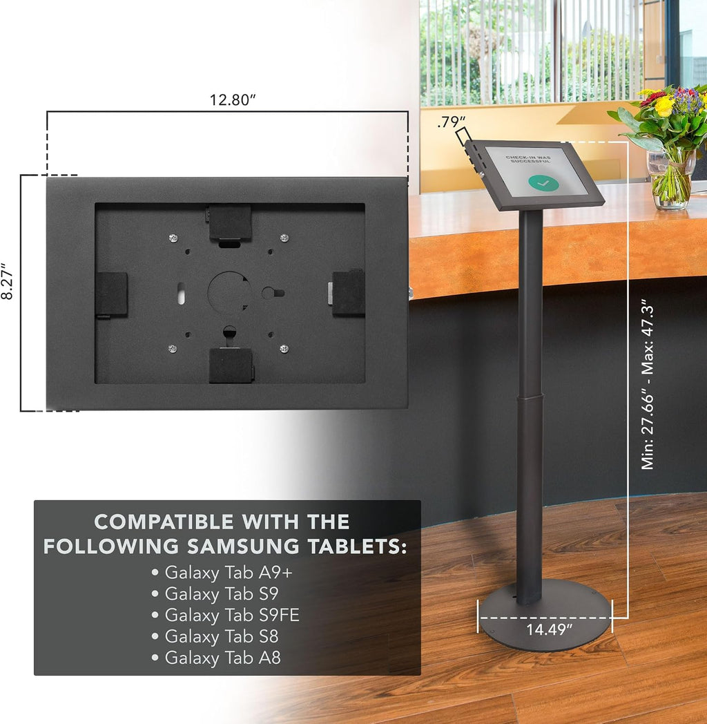 Mount-It! Anti-Theft Tablet Floor Stand Kiosk for Samsung Galaxy Tab A & S Series, Lockable Enclosure, Height Adjustable 27.66'–47.3', Commercial Kiosk Stand, Black