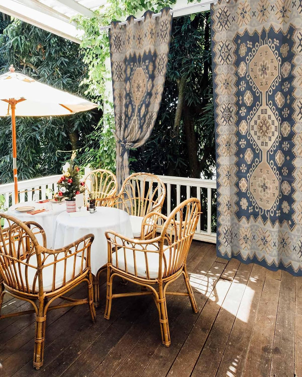 Boho Outdoor Curtains for Patio Waterproof, Ethnic Tribe Windproof Pravicy Outside Porch Blackout Curtain, Bohemian Southwest Vintage Abstract Blue Sun Blocking Curtains for Gazebo 2 Panels 54'x95'