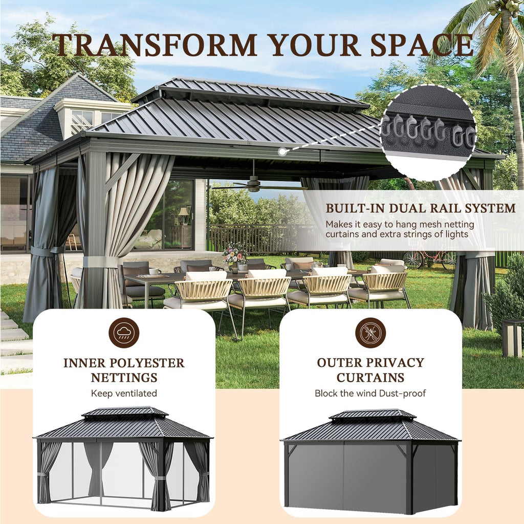 12' X 16' Hardtop Gazebo with Mosquito Netting and Curtains, Outdoor Gazebos with Double Roof, Galvanized Steel Permanent Aluminum Gazebo, for Gardens, Decks, Patios, Parties