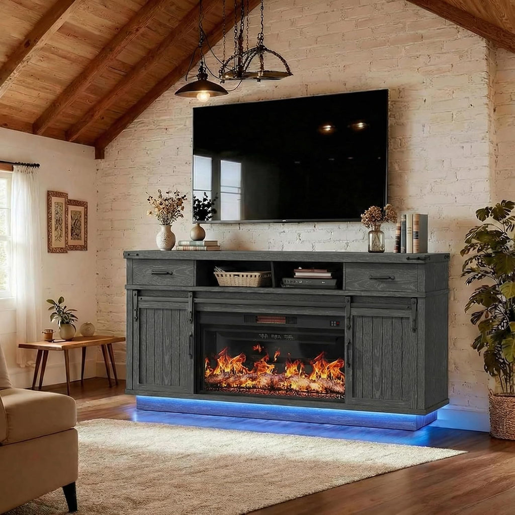 Fireplace TV Stand for TVs up to 65', Electric Fireplace with 3D Flame, Farmhouse LED Light Entertainment Center with Sliding Barn Door, Media Console with Storage Cabinets for Living Room (Black)