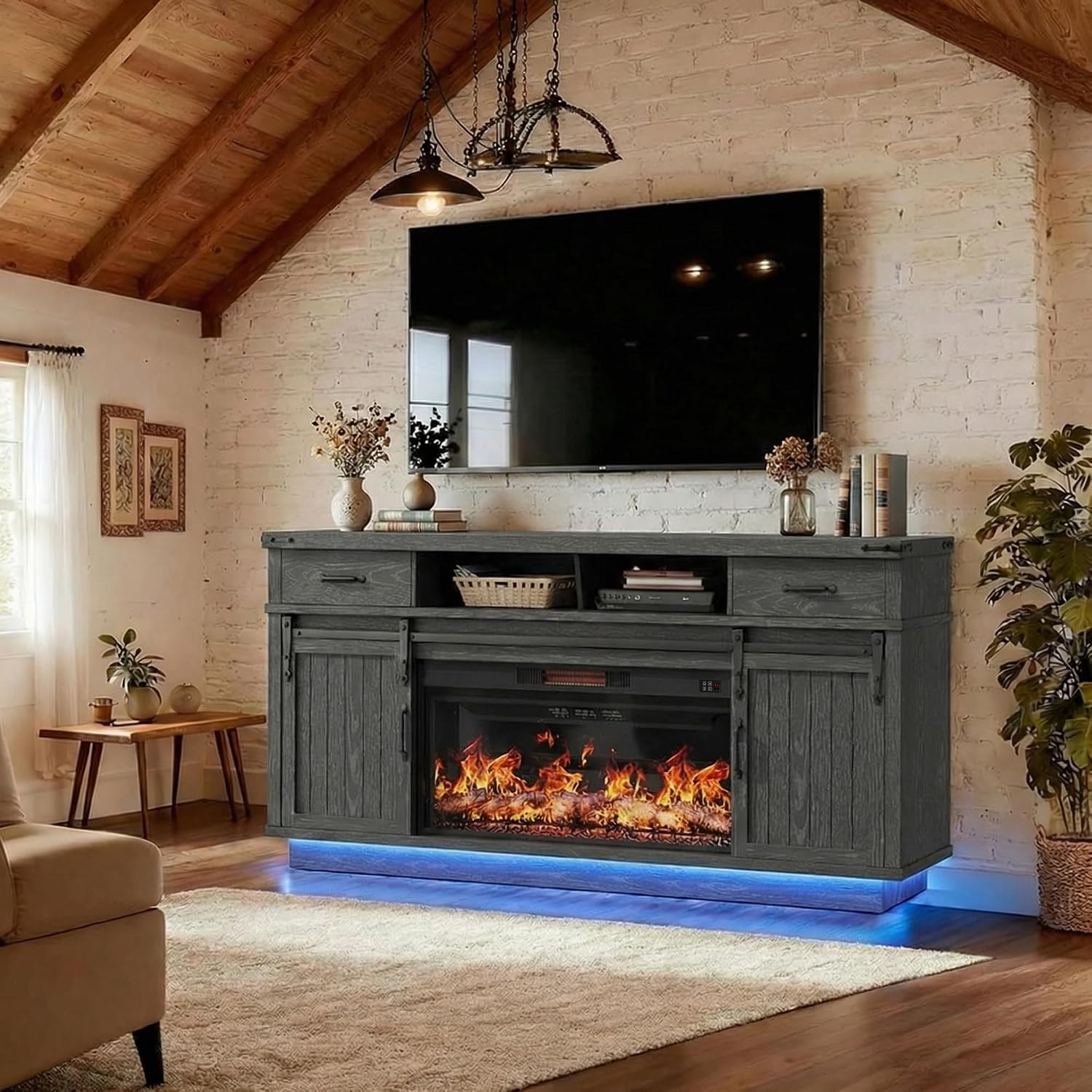 Fireplace TV Stand for TVs up to 65', Electric Fireplace with 3D Flame, Farmhouse LED Light Entertainment Center with Sliding Barn Door, Media Console with Storage Cabinets for Living Room (Black)