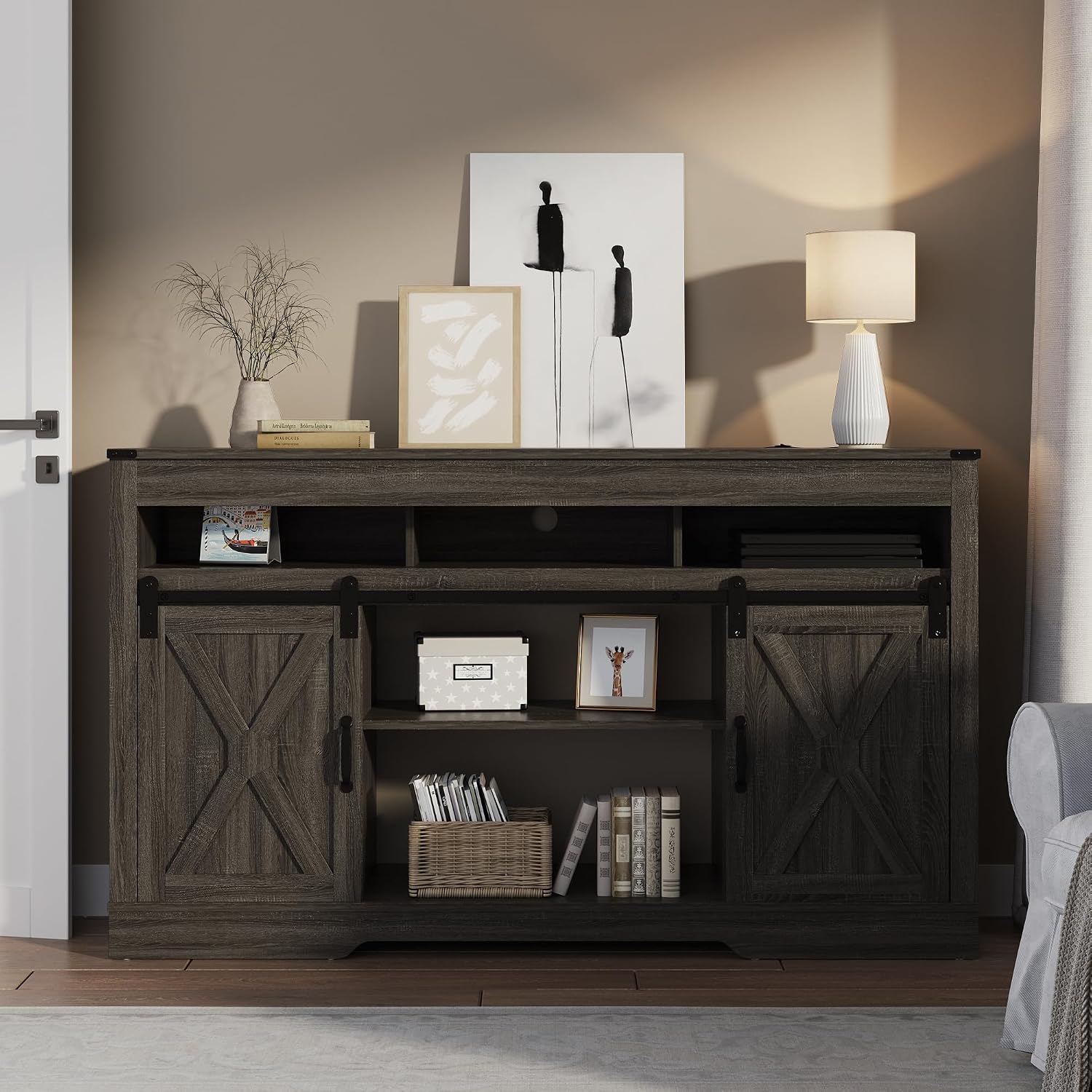 RoyalCraft TV Stand for 65+ Inch TV: Farmhouse Entertainment Center with Storage, Wood TV Console Cabinets with Sliding Barn Door, Tall Media with Adjustable Shelves for Living Rooms, Gray