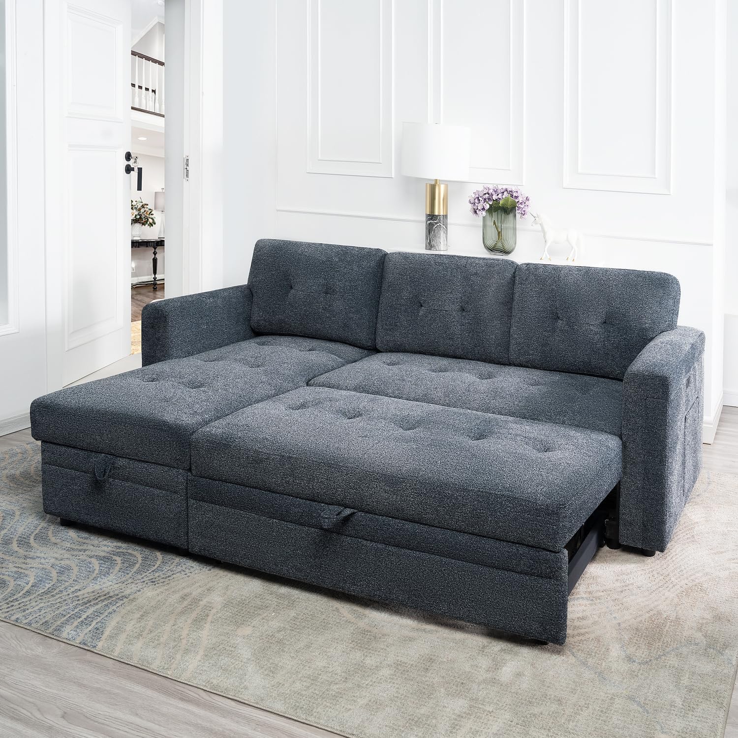 Naomi Home L-Shaped Sectional Sleeper Sofa with USB Ports - Convertible Pull-Out Bed, Ample Storage, Timeless Design, Durable Construction Gray/Microfiber