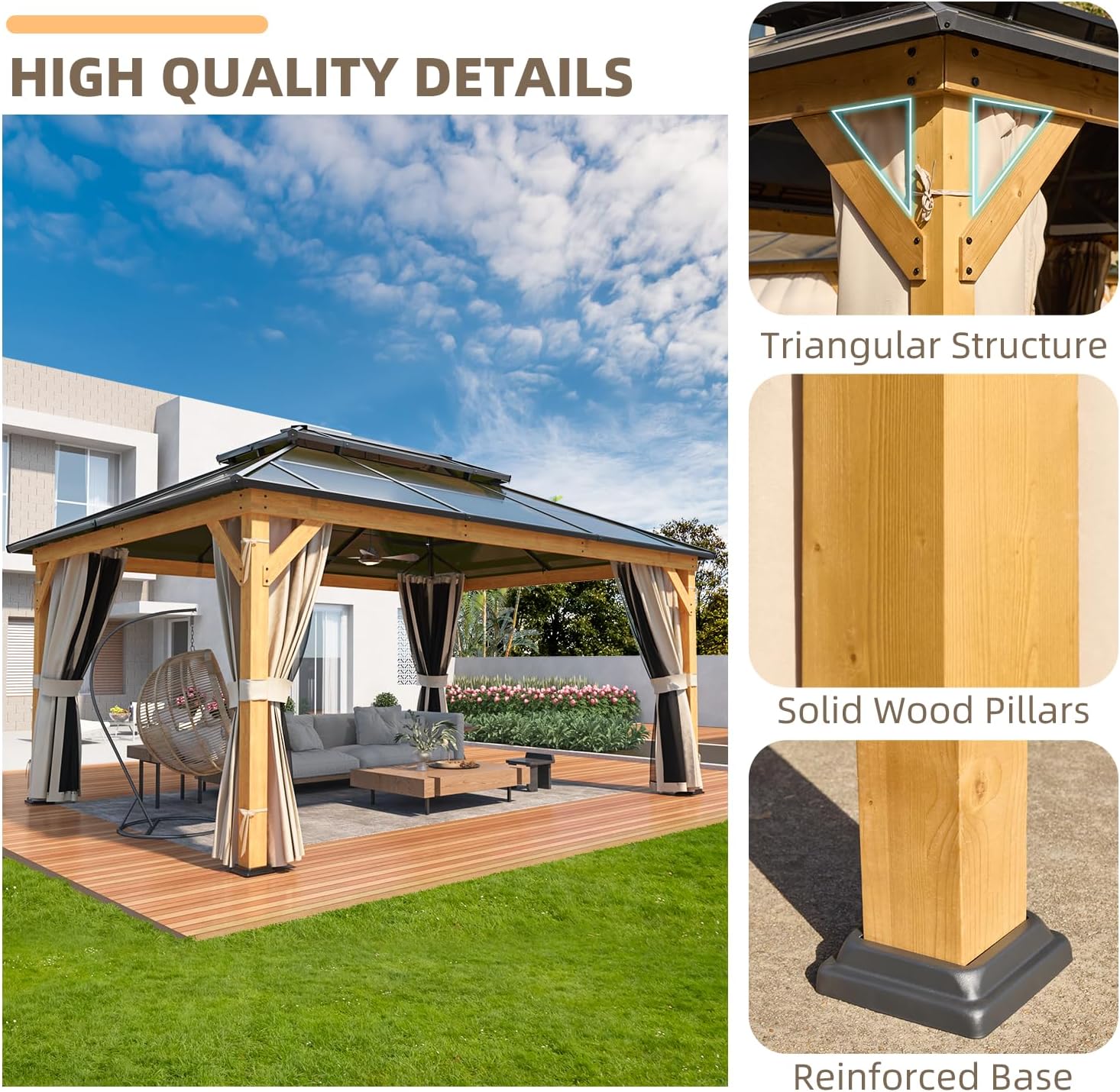 YOLENY 12'x16' Hardtop Gazebo Wood Outdoor Polycarbonate Double Roof, Netting and Curtains, Patio Gazebos for Decks, Backyards, Lawns and Gardens
