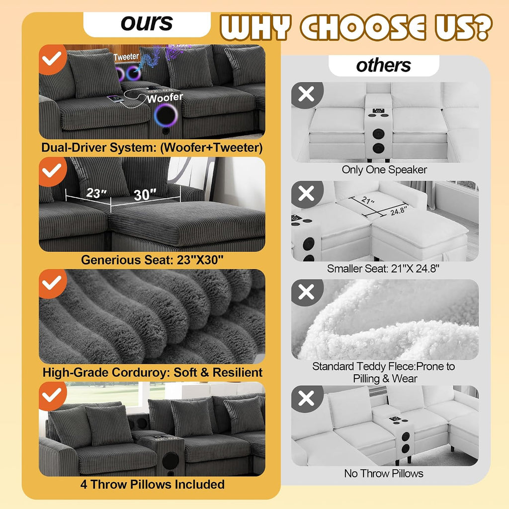 MAKIAAP 144' Corduroy Sectional Couch with Speakers, Comfy U Shaped Modular Couches Deep Seat Sofa with Console, USB Charger, Cup Holders, Storage, Ottoman for Living Room (Gray, 144in)