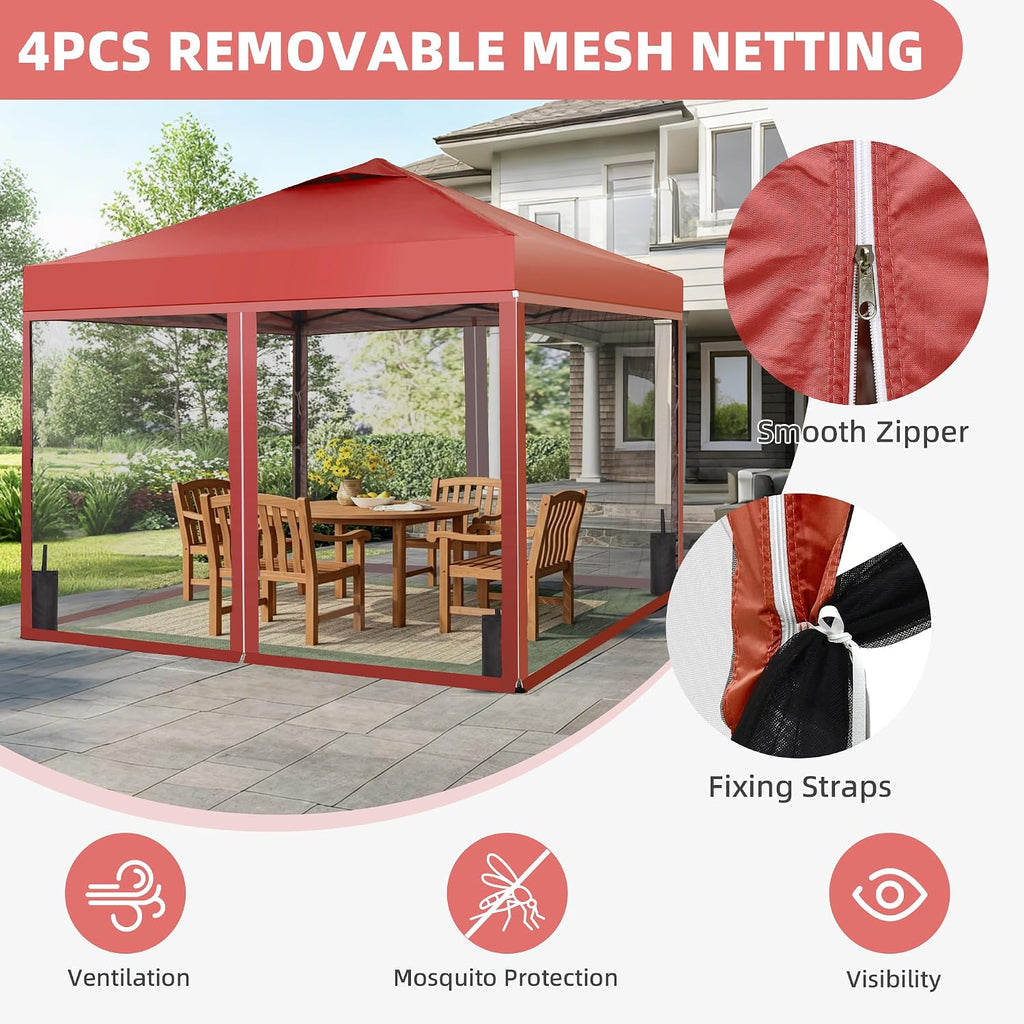 GDY 10x10 Pop up Canopy Tent with Mosquito Netting, Easy up Gazebo for Patio, Camping and Garden, Includes 4 Sandbags, Red