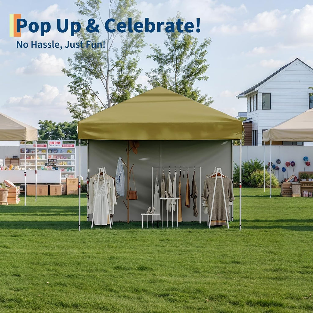 10'x10' Khaki Pop Up Canopy Tent with 3 Sidewalls, Waterproof and UV Resistant Outdoor Gazebo, Easy Up Sun Shade Shelter for Parties, Events, Backyard, Camping