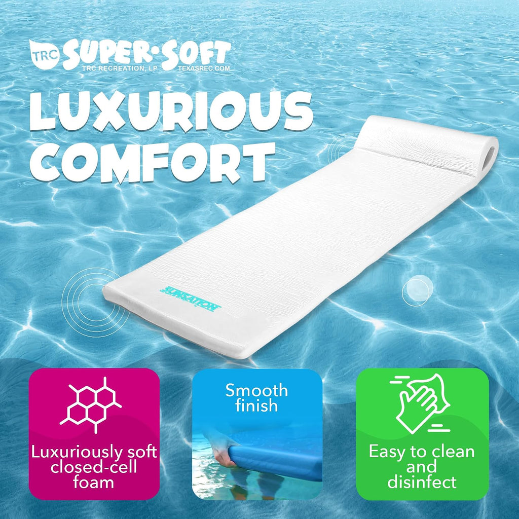 TRC Recreation Sunsation 1.75' Thick Foam Pool Float Lounger, White w/Headrest for Lounging & Sunbathing in Swimming Pools, Beaches & Lakes, 70' x 26'
