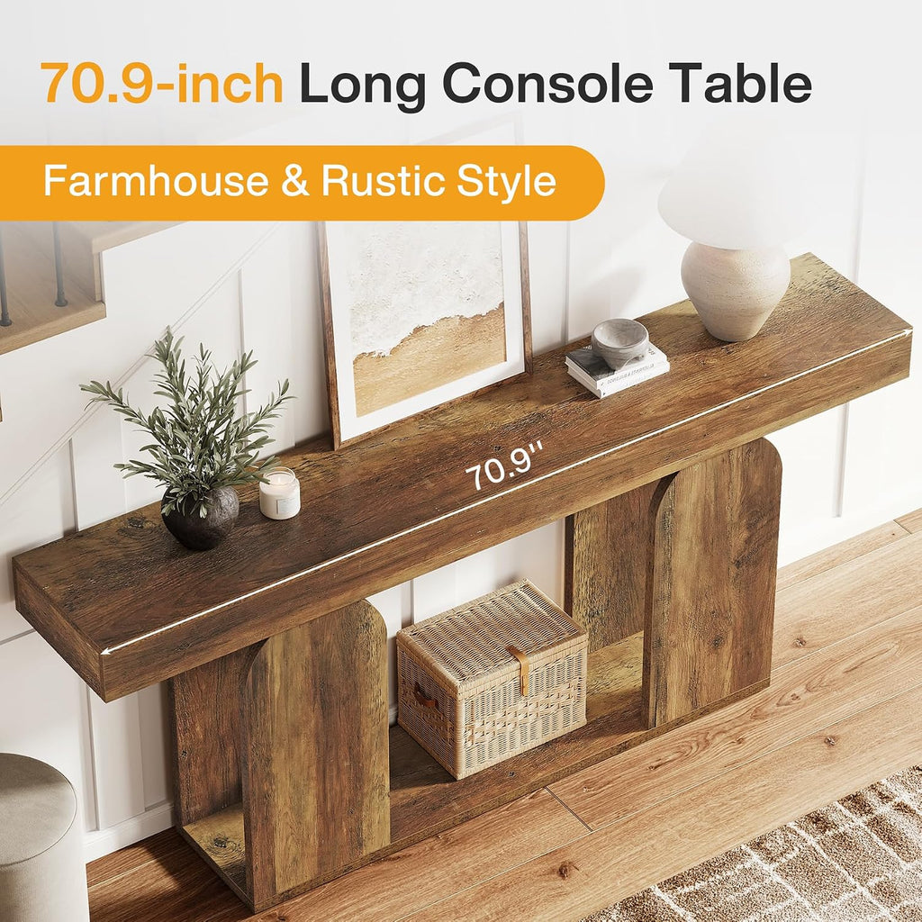 Tribesigns 70.9-Inch Extra Long Sofa Table, Farmhouse Console Tables with Wood Frame and Storage Shelf, 2-Tier Wood Table Behind Couch for Living Room, Hallway, Foyer, Vintage Brown