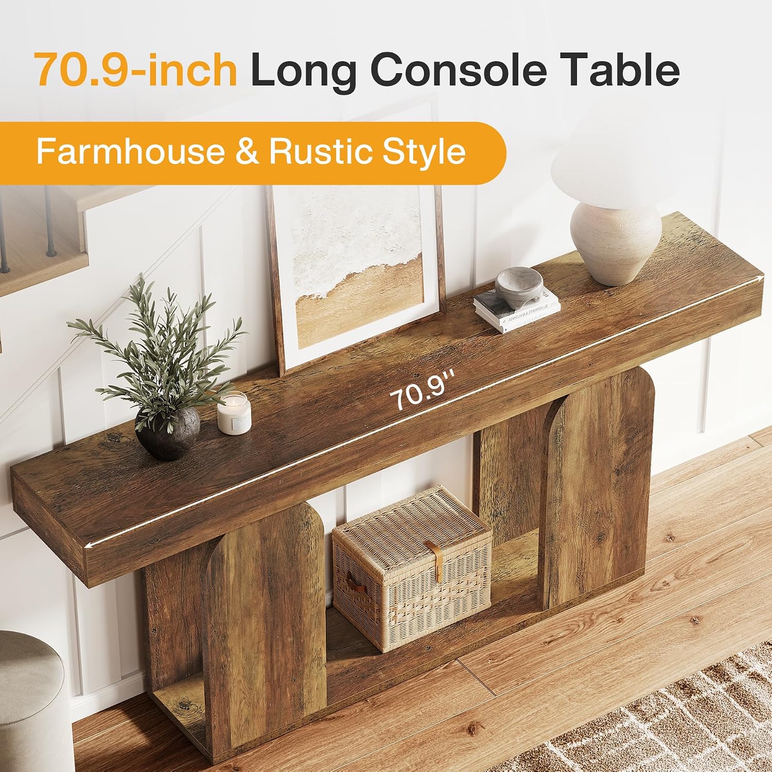 Tribesigns 70.9-Inch Extra Long Sofa Table, Farmhouse Console Tables with Wood Frame and Storage Shelf, 2-Tier Wood Table Behind Couch for Living Room, Hallway, Foyer, Vintage Brown