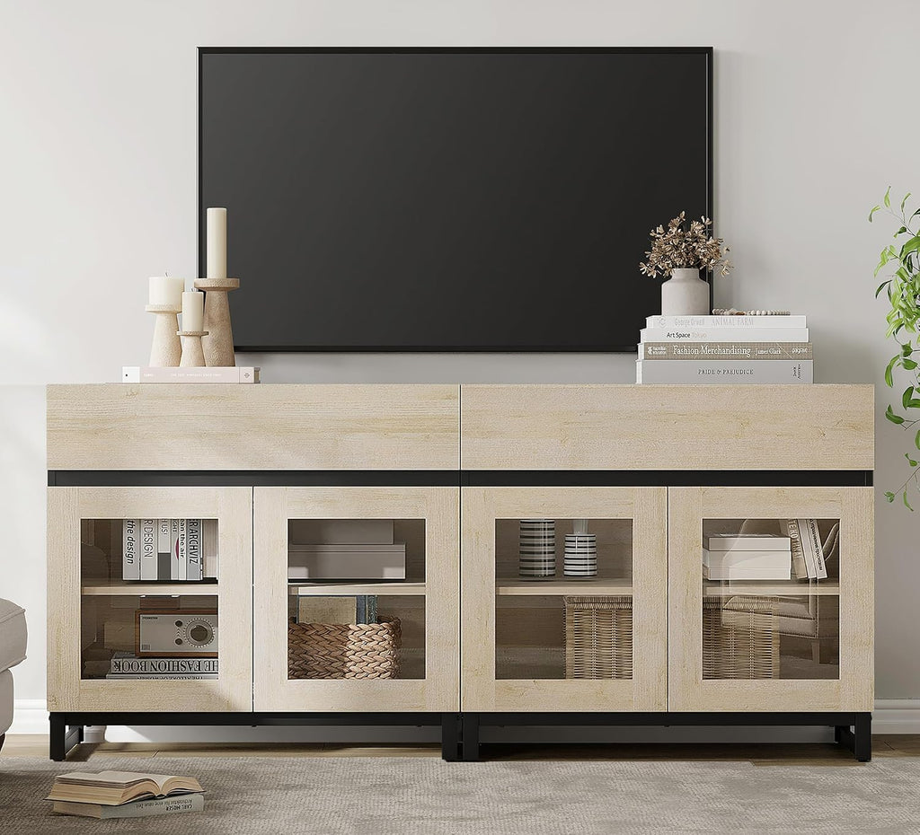 WAMPAT Modern TV Stand with Glass Doors for 40-70 inch TVs, 2 in 1 Entertainment Center Console with 2 Drawers and Metal Base for Living Room, Bedroom, Beige