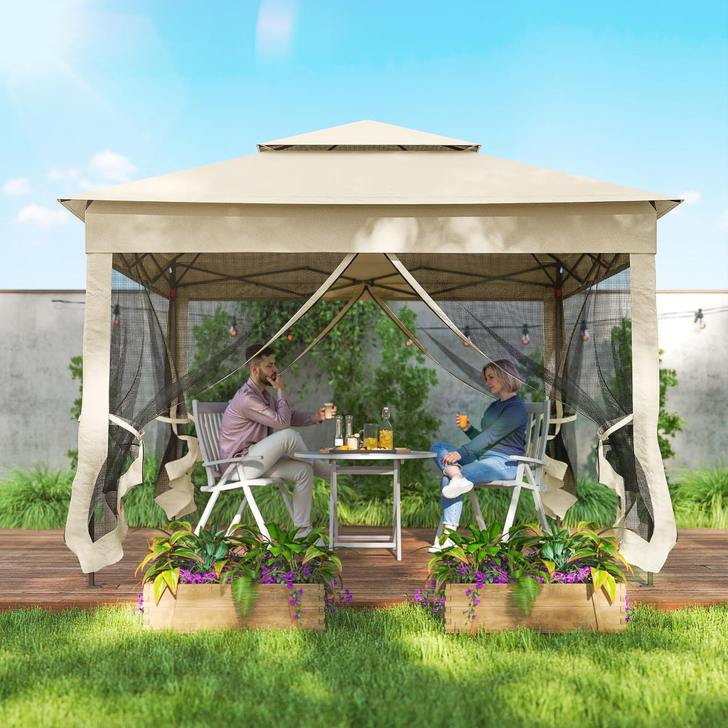 Outsunny 11' x 11' Pop Up Canopy, Outdoor Patio Gazebo Shelter with Removable Zipper Netting, Instant Event Tent w/ 114 Square Feet of Shade and Carry Bag for Backyard, Garden, Beige