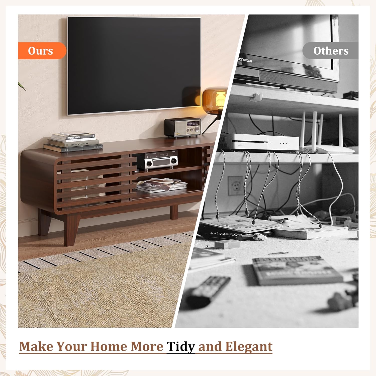 Luoxiao 55' Mid Century Modern TV Stand for 55 60 65 Inch TV, Walnut Media Console with Slatted Sliding Doors, Retro Wood Entertainment Center with Storage Shelves for Living Room, Bedroom