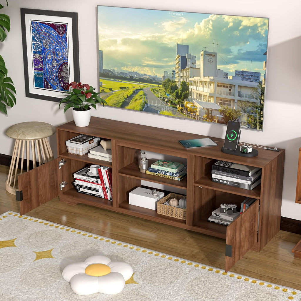 Fluted TV Stand for Tvs up to 80',Mid Century Modern TV Stand with Open Adjustable Shelf,Entertainment Center Wood TV Media Console with Cord Holes for Living Room Furniture Bedroom,Walnut