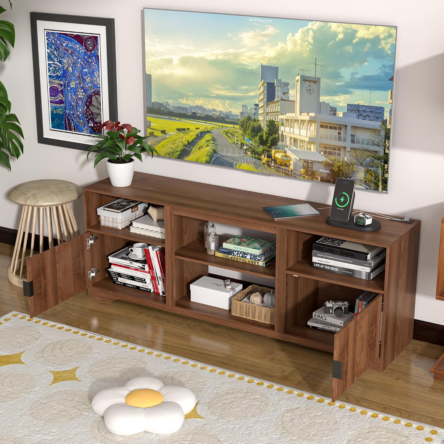 Fluted TV Stand for Tvs up to 80',Mid Century Modern TV Stand with Open Adjustable Shelf,Entertainment Center Wood TV Media Console with Cord Holes for Living Room Furniture Bedroom,Walnut