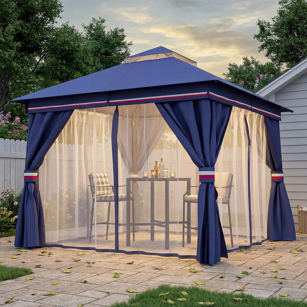 LAUSAINT HOME 10'x10' Outdoor Patio Gazebo, Heavy Duty Party Tent & Shelter with Double Roofs, Mosquito Nettings and Privacy Screens for Backyard, Garden, Deck (Klein Blue)