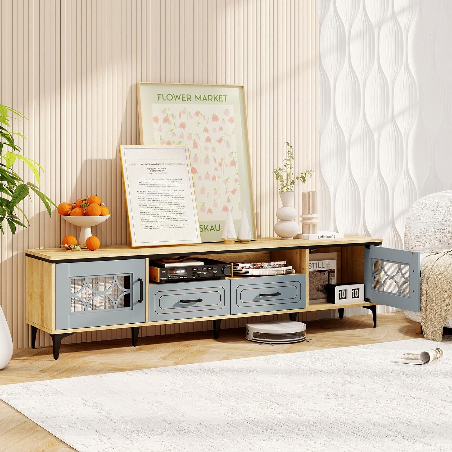 Giantex Wood TV Stand for TVs up to 80', Modern Entertainment Center with Storage Drawers, Side Cabinets, Wood Television Stands, Media TV Console Table for Living Room Bedroom (Oak & Bluish Gray)
