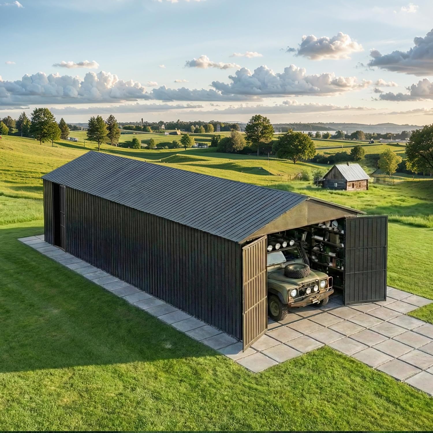 Domi 12x20FT Outdoor Metal Garage Shed, Extra Large Metal Carport with Lockable Double Hinged Doors, Heavy Duty Car Shelter for Car, Truck, Motorcycle and Lawn Equipment, Dark Grey