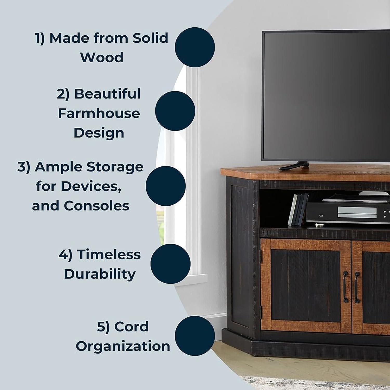 Martin Svensson Home Rustic Solid Wood Corner TV Stand - Black with Honey Top and Doors - Hexagonal Shape and Farmhouse Design Entertainment Center with Shelves Included