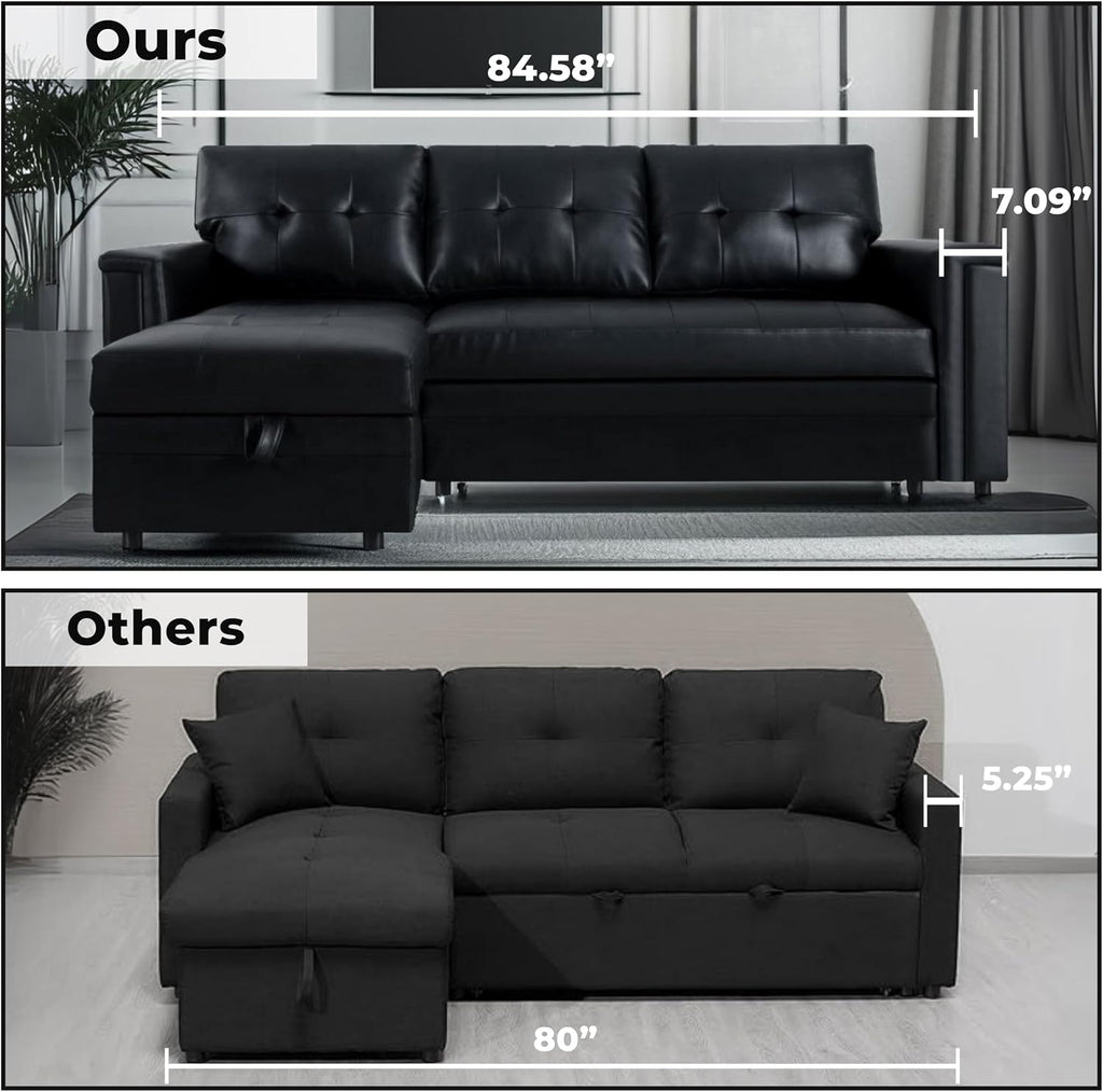 Naomi Home L-Shaped Sectional Sleeper Sofa with USB Ports - Convertible Pull-Out Bed, Ample Storage, Timeless Design, Durable Construction Black/Air Leather