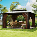 12' x 14' Double Roof Gazebo with Polycarbonate Panels – Durable Aluminum Frame, Outdoor Pavilion with Curtains for Patio, Garden & Backyard
