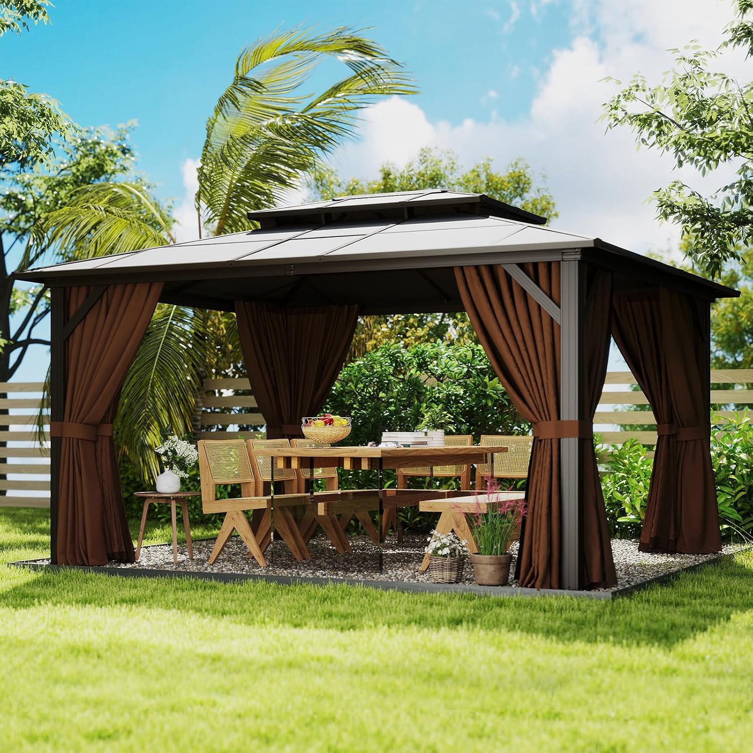 12' x 14' Double Roof Gazebo with Polycarbonate Panels – Durable Aluminum Frame, Outdoor Pavilion with Curtains for Patio, Garden & Backyard