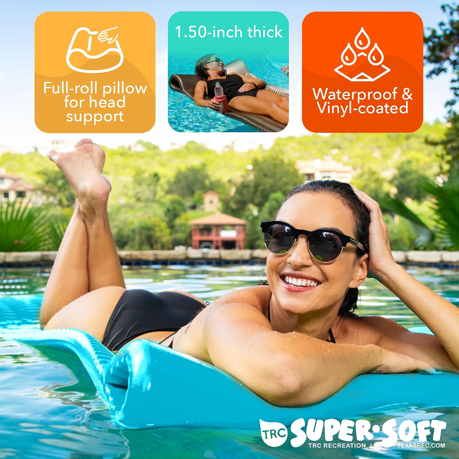 TRC Recreation Serenity 1.5' Thick Vinyl Coated Foam Swimming Pool Float Mat Adult Lounger with Built-in Roll Pillow