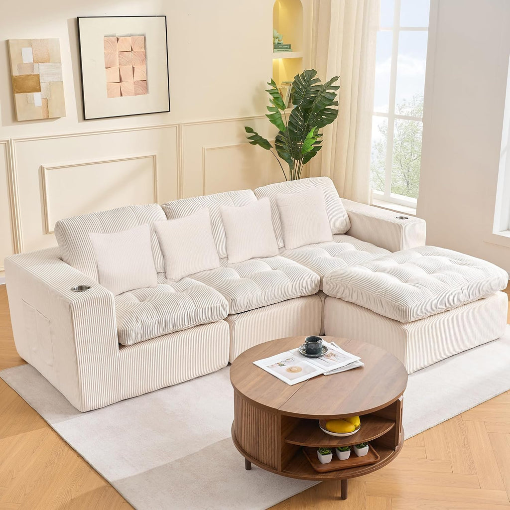 108' Modular Sectional Sofa, Cloud Sectional Couch with Deep Seat, Modern Modular L-Shape Sofa Couch with Chaise,Upholstered Couches for Living Room Bedroom (Light Beige)