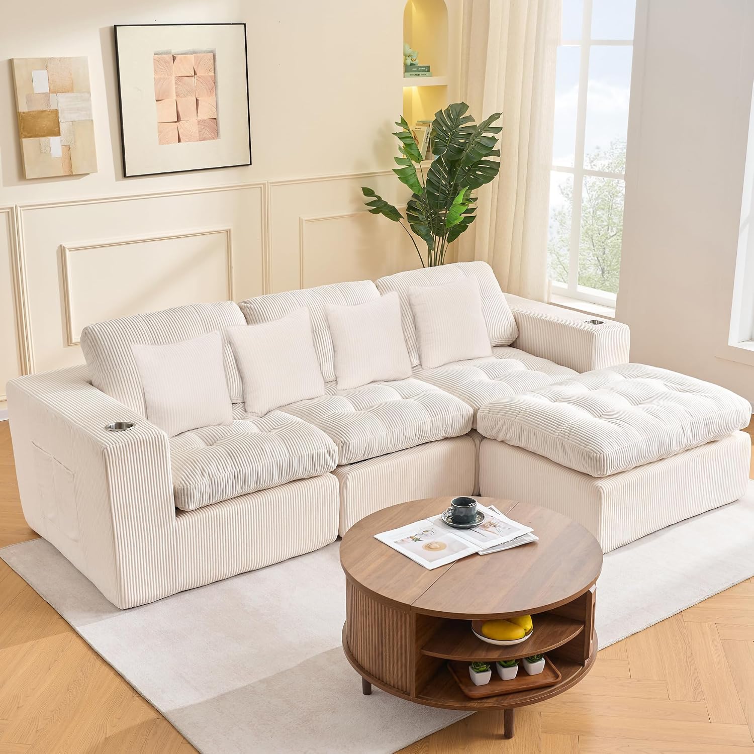 108' Modular Sectional Sofa, Cloud Sectional Couch with Deep Seat, Modern Modular L-Shape Sofa Couch with Chaise,Upholstered Couches for Living Room Bedroom (Light Beige)
