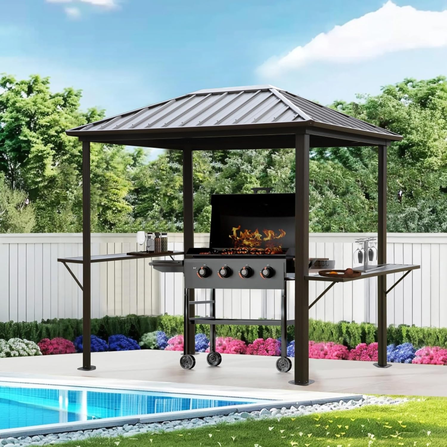 【WZZHHJ】 BBQ Hard Top Gazebo 6x8ft – Outdoor Metal Hard Top Permanent BBQ Gazebo with Galvanized Steel Weather Resistant Top, Stable 3'x3' Triangular Aluminum Frame, Double Sided Metal Shelves