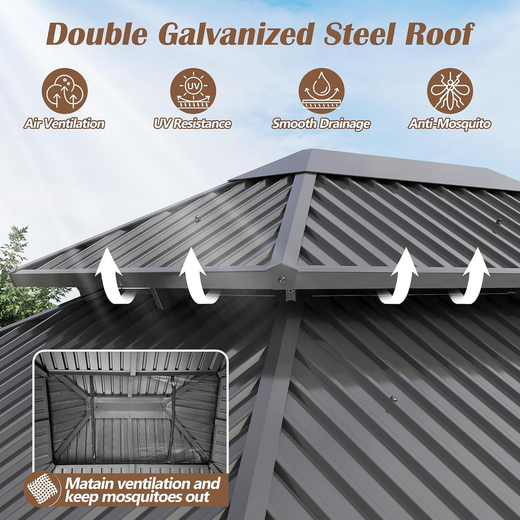 12' x 14' Wood Gazebo, Outdoor Hardtop Gazebo with Wood Posts and Galvanized Steel Doule Roof, Wooden Frame Gazebos with Netting and Curtains for Patio, Backyard, Deck Garden
