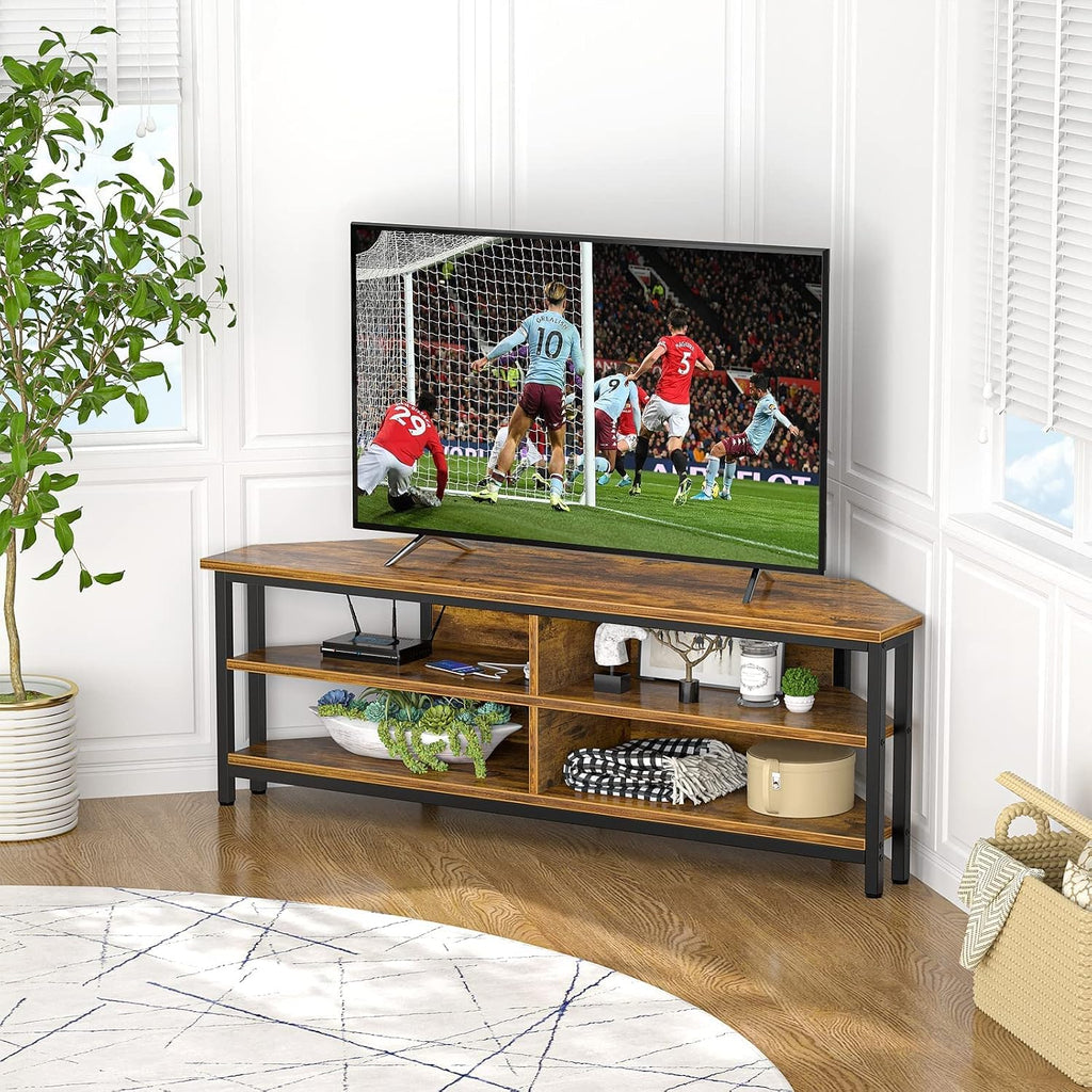 Unikito 55'' Corner TV Stand with Power Outlet, Corner Entertainment Center TV Console Table with 4 Open Storage Shelves, Metal Frame for Living Room, Bedroom, Industrial 60'' Corner TV Stand, Rustic