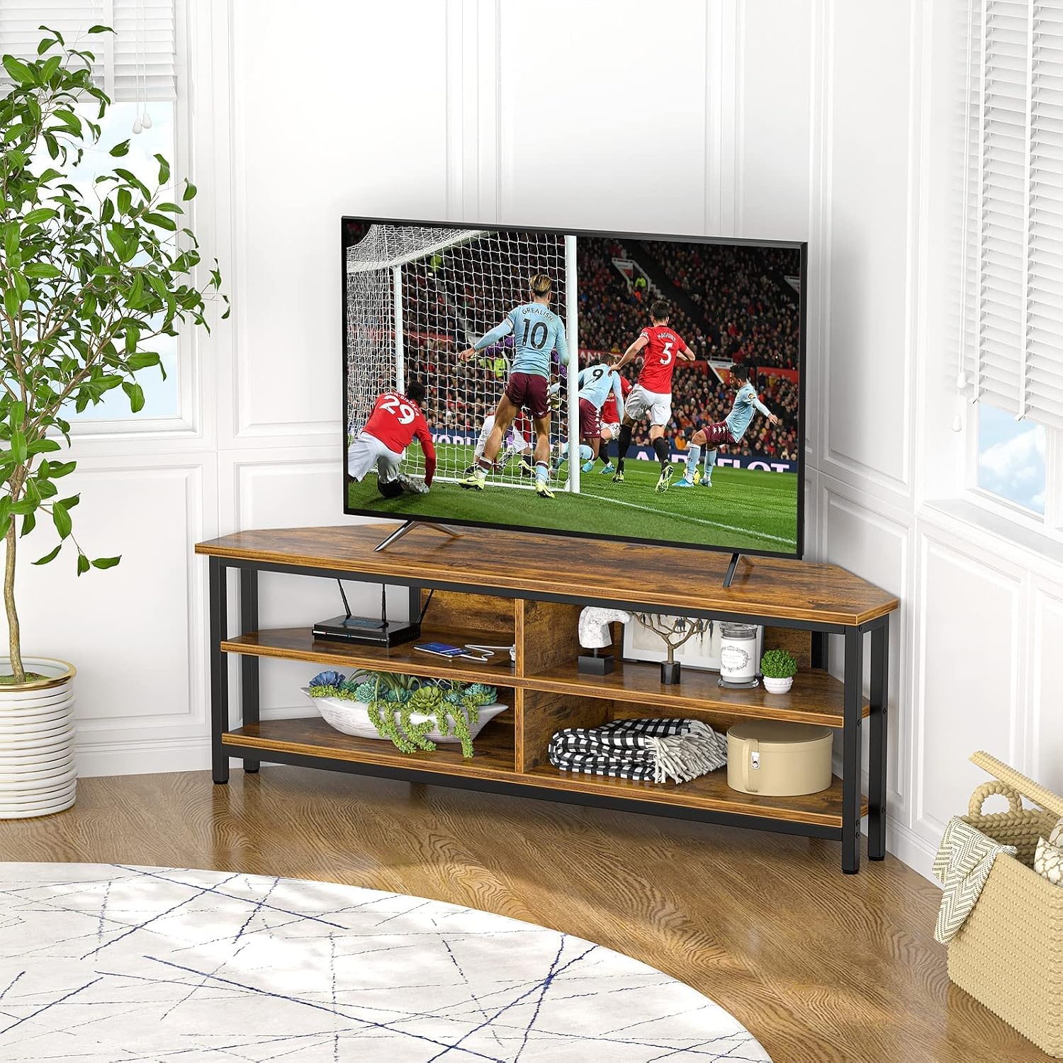 Unikito 55'' Corner TV Stand with Power Outlet, Corner Entertainment Center TV Console Table with 4 Open Storage Shelves, Metal Frame for Living Room, Bedroom, Industrial 60'' Corner TV Stand, Rustic