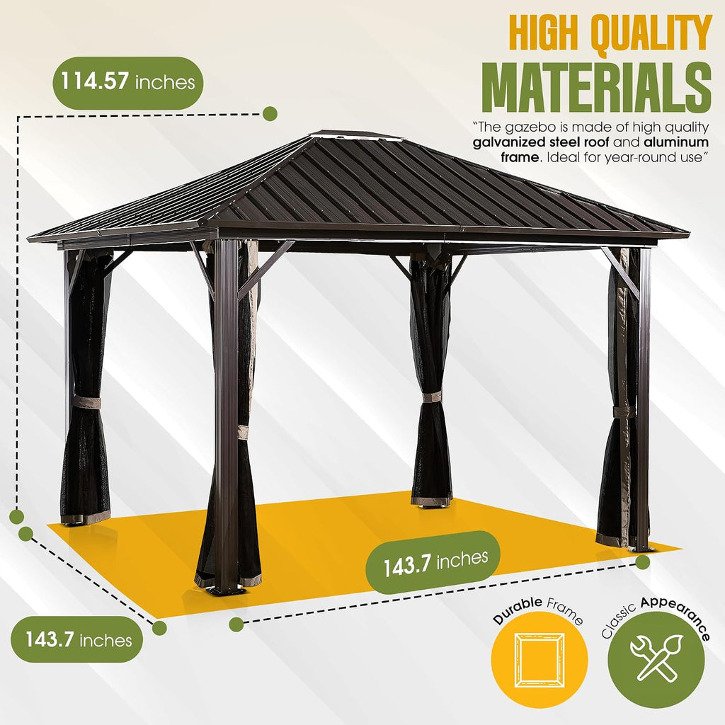 Galvanized Steel Hardtop Gazebo, Weather-Resistant Aluminum Frame Outdoor Shelter with Mesh Netting, Rustproof & UV Protection, Dark Brown (12' x 12')