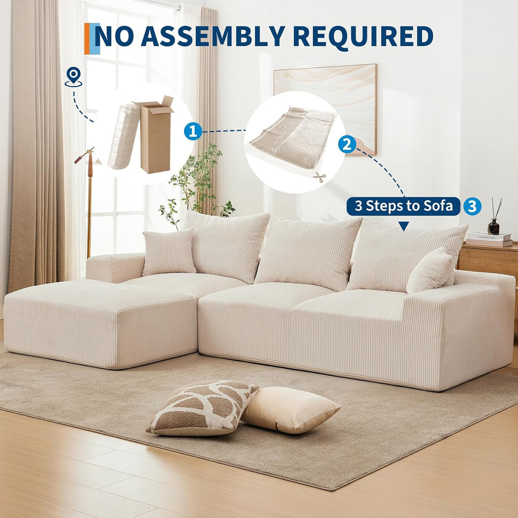 110' Modular Sectional Sofa Couches for Living Room, Cloud Memory Boneless Couch, No Assembly Required,Comfy Cloud 3-Seater Couch with Chaise, Memory Foam Sofa for Offices, Bedroom and Apartment