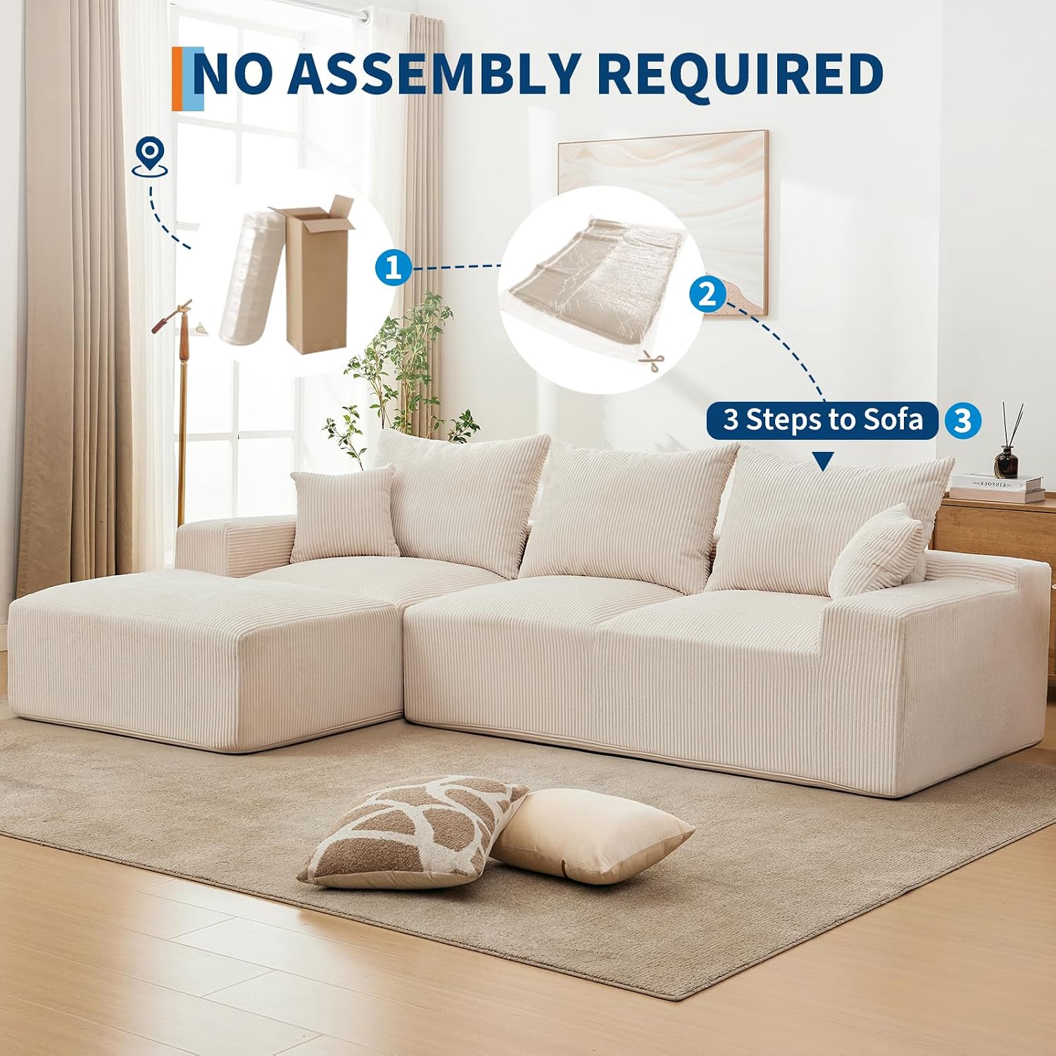 110' Modular Sectional Sofa Couches for Living Room, Cloud Memory Boneless Couch, No Assembly Required,Comfy Cloud 3-Seater Couch with Chaise, Memory Foam Sofa for Offices, Bedroom and Apartment