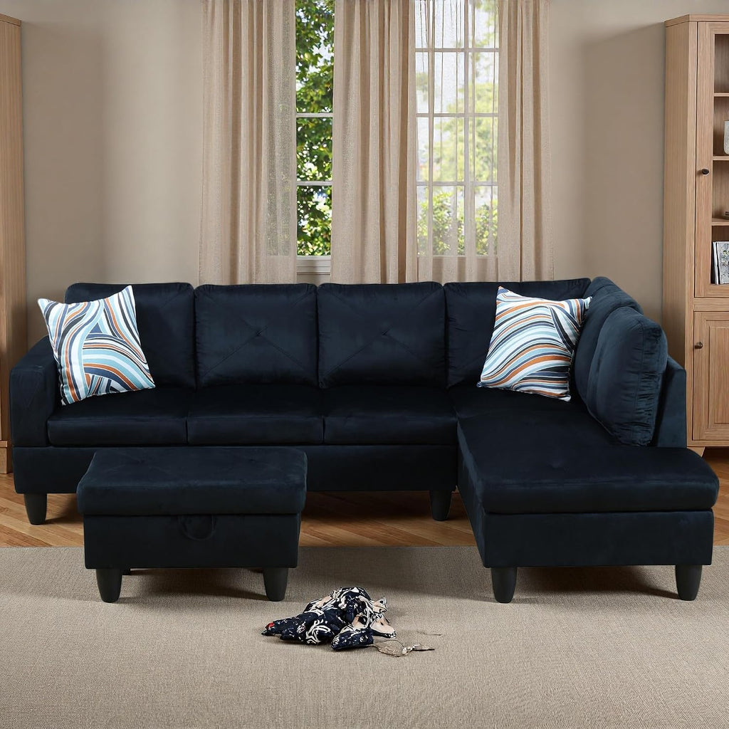 97' L Shaped Couch Set Velvet, Modular Sectional Couches for Living Room with Storage Ottoman, 4 Seat Home Sofa Living Room Furniture Sets with Chaise for Apartment Office (Blue Black)