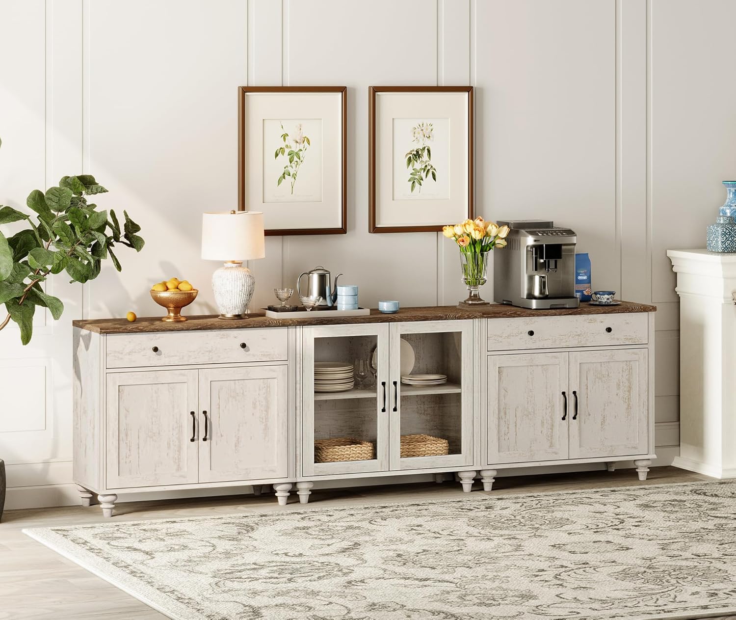 WAMPAT Farmhouse TV Stand for 100 Inch TV, 3-in-1 TV Console Table for 75/80/85/90 Inch TV, Entertainment Center with Glass & Wood Door, Kitchen Sideboard Buffet Cabinet for Living Room, Rustic White