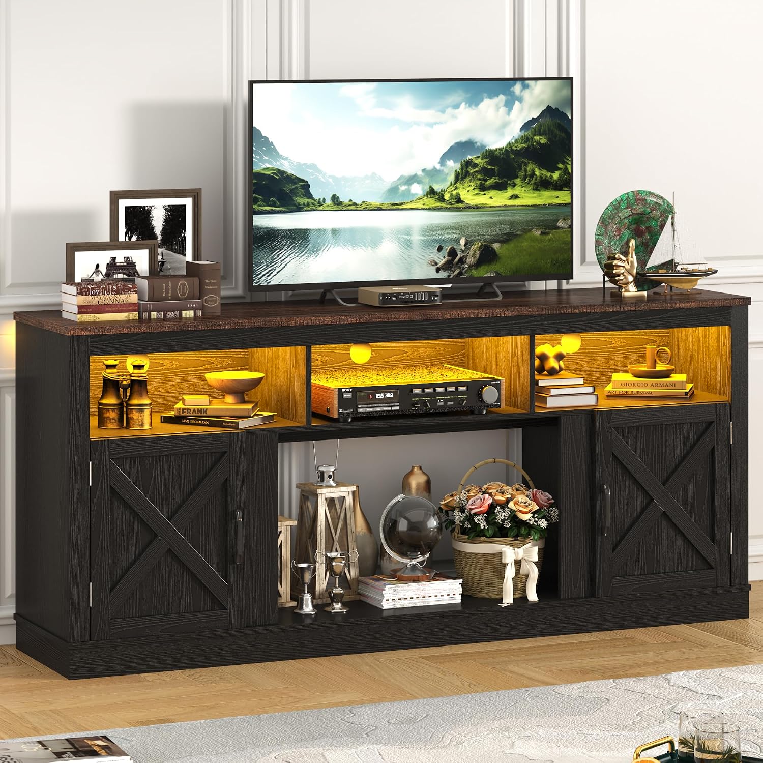 jiteentarou Farmhouse TV Stand for 70/75/80 Inch TV, 32'Tall Entertainment Center w/LED Light, Large Media Console Cabinet w/Barn Doors & Adjustable Shelves for Living Room, Black