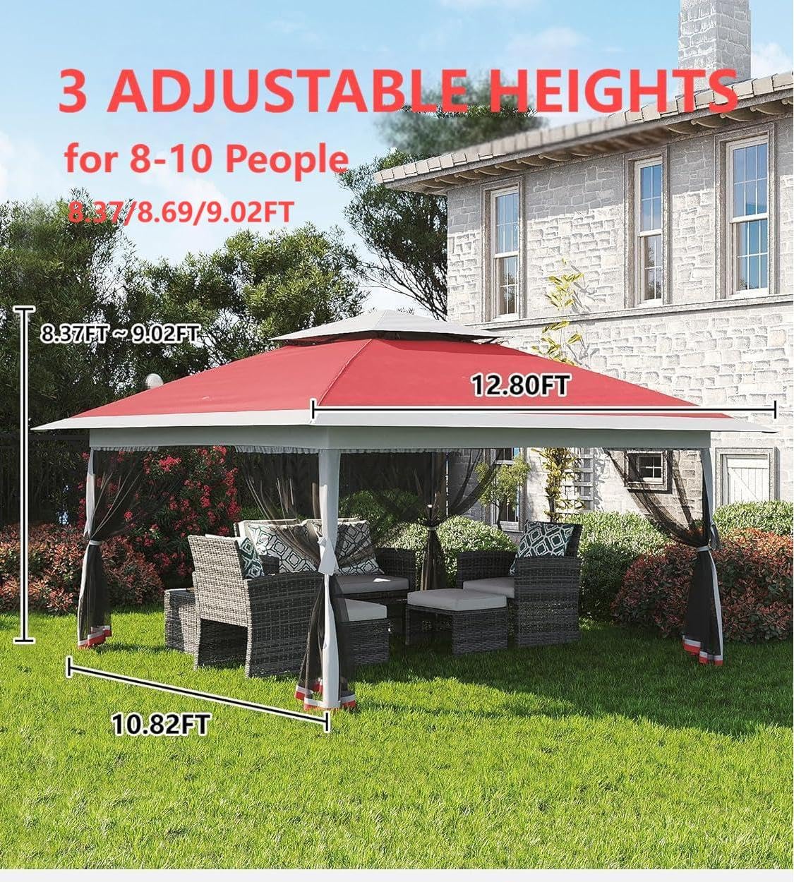 13x13FT Outdoor Pop Up Canopy Instant Tent, Foldable Tent Sun Shelter Gazebo, Adjustable Heights, Quick Setup, Wheeled Carry Bag, for Patio Furniture and Backyard