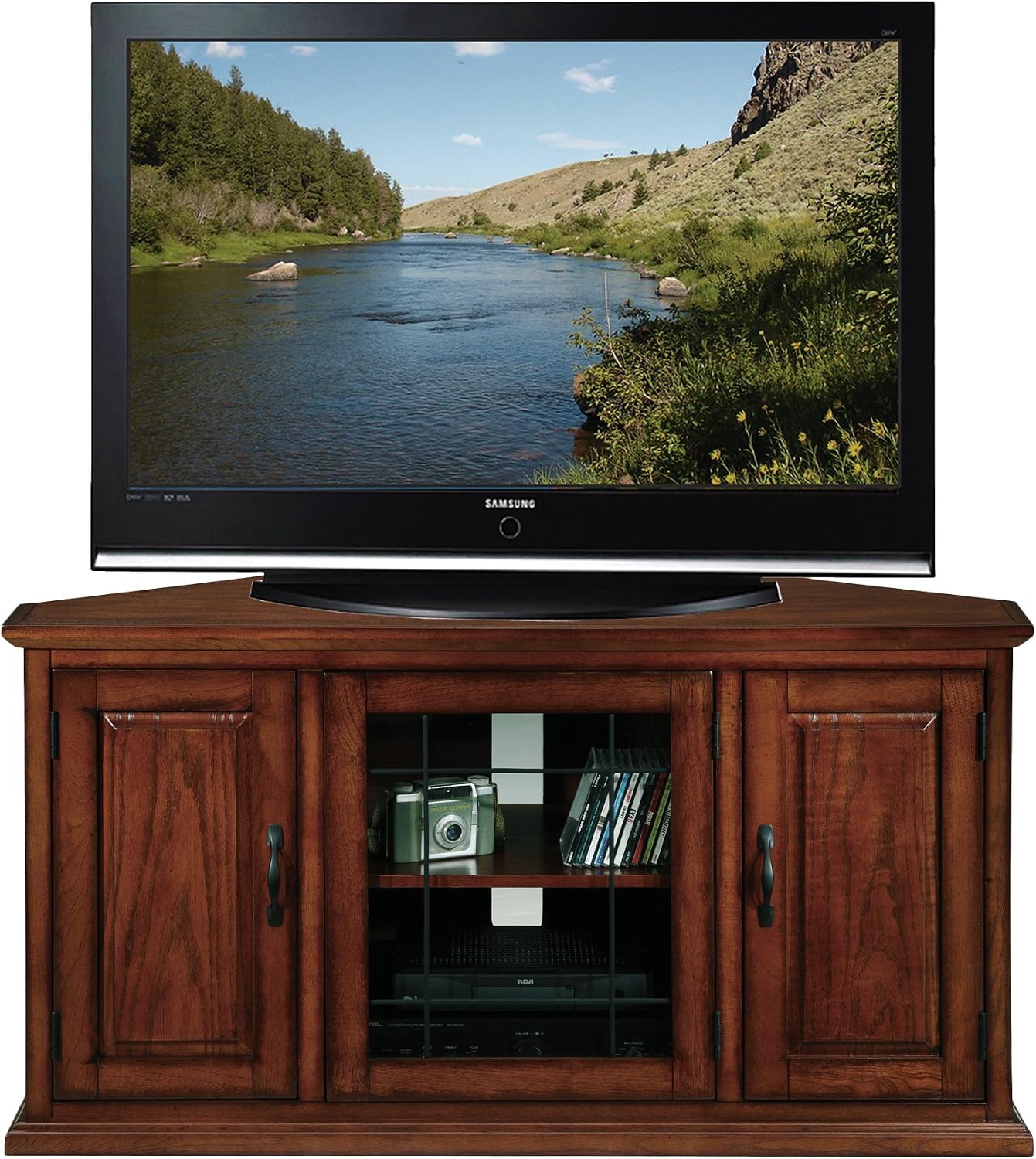 Leick Home 80385 Leaded Glass Three Door Corner TV Stand with Enclosed Storage For 50' TV's, Burnished Oak