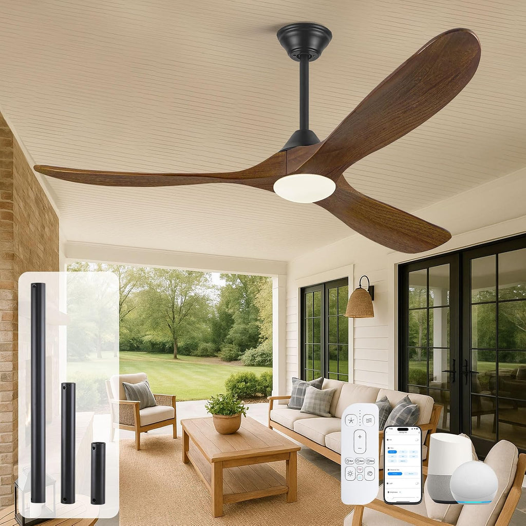 Savey'Sley 52 Inch Smart Ceiling Fan with Light Remote/APP/Alexa Control, 3 Blades Wooden Outdoor Ceiling Fans for Patios with Lights, High CFM Quiet DC Fan for Bedroom Farmhouse Gazebo