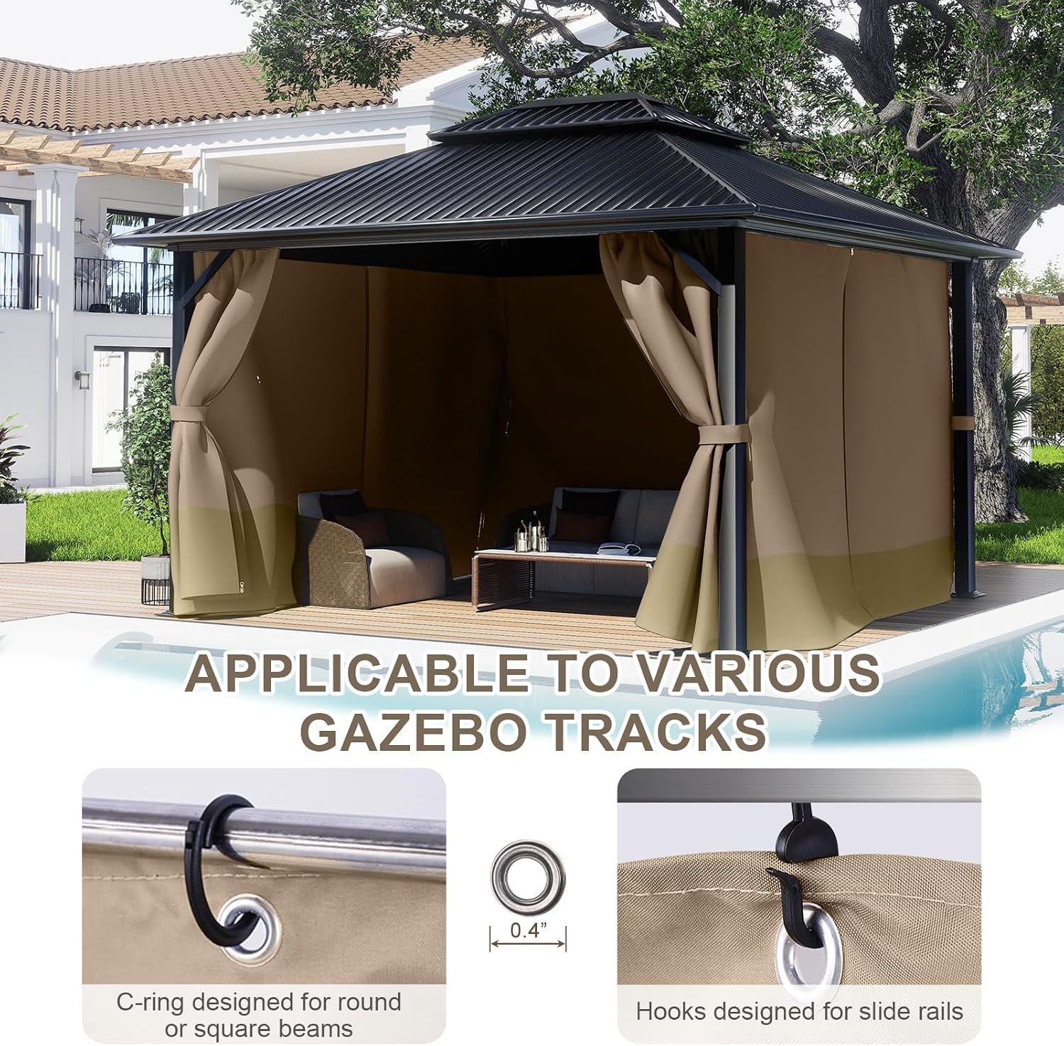 BPS 12' x 14' Gazebo Privacy Curtains with Double Zipper, 4-Panels Side Wall Universal Gazebo Side Panels Replacement for Patio, Outdoor Canopy, Garden and Backyard (Curtain Only)