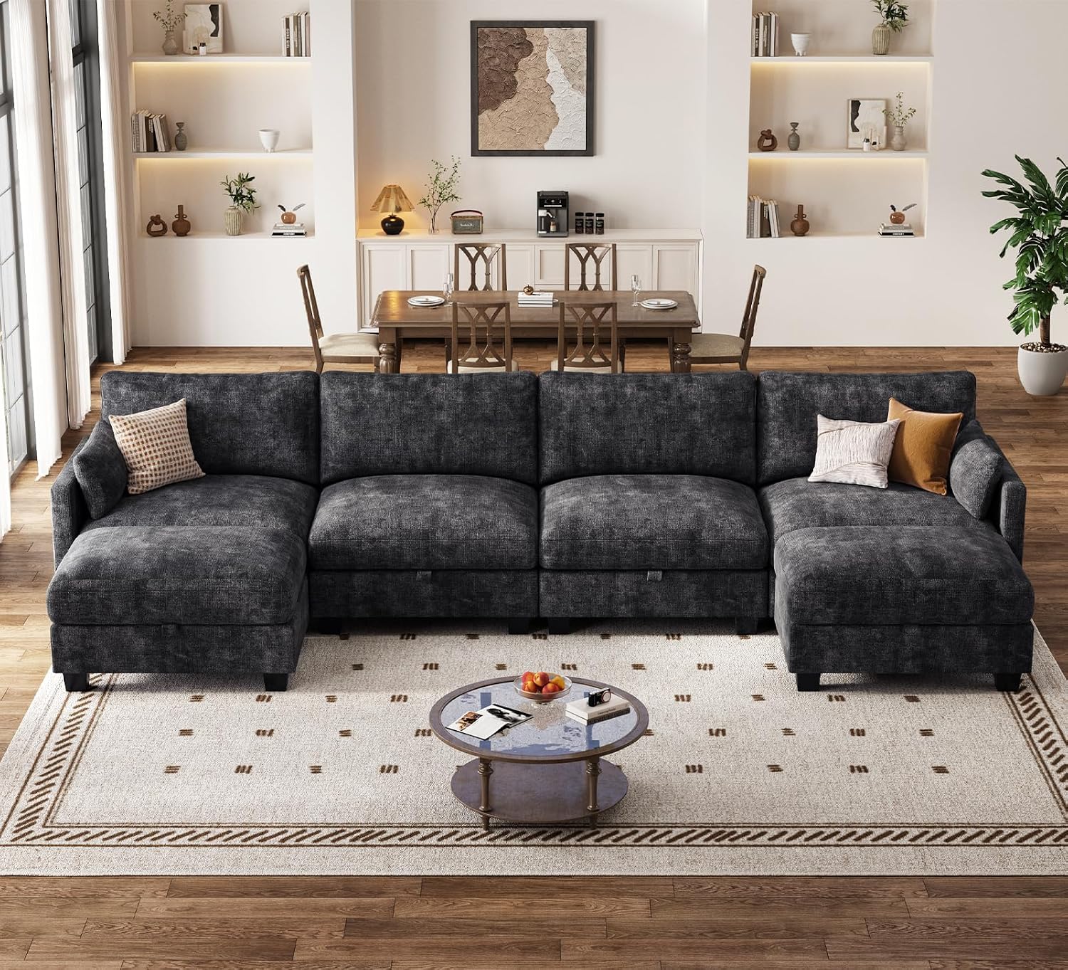 Modular Sectional U Shaped Sofa Couches for Living Room, Cloud Couch with Storage Ottoman, Comfy Chenille Sofa with Pillow, Black
